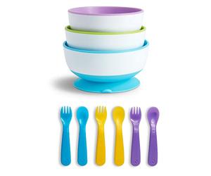 Munchkin Stay Put Suction Bowls with Suction Cup, Pack of 3, Blue/Green/Purple + Munchkin Colour Change Toddler Cutlery, Baby Essentials, Pack of 6