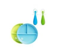 Munchkin Stay Put Suction Plates and Gentle Scoop Spoons Bundle- Blue/Green, Multi Print