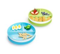 Munchkin Stay Put Divided Plates - 2 Pack Baby & Toddler Plate Set with Compartments, Suction Plate for Babies 6 Months & Over, BPA Free, Blue/Green