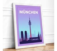 Munich at Dawn Vintage Framed Wall Art Print A1 (84.1×59.4cm) White, Wall Decor for Living Room, Bedroom, Office & Home, Ready to Hang, Art Gift
