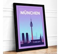 Munich at Dawn Vintage Framed Wall Art Print A2 (59.4×42cm) Black, Wall Decor for Living Room, Bedroom, Office & Home, Ready to Hang, Art Gift