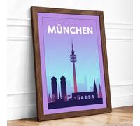 Munich at Dawn Vintage Framed Wall Art Print A2 (59.4×42cm) Walnut, Wall Decor for Living Room, Bedroom, Office & Home, Ready to Hang, Art Gift