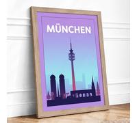 Munich at Dawn Vintage Framed Wall Art Print A3 (42×29.7cm) Oak, Wall Decor for Living Room, Bedroom, Office & Home, Ready to Hang, Art Gift