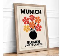 Munich Blumen Poster Retro Framed Wall Art Print A1 (84.1×59.4cm) Oak, Wall Decor for Living Room, Bedroom, Office & Home, Ready to Hang, Art Gift