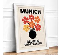 Munich Blumen Poster Retro Framed Wall Art Print A1 (84.1×59.4cm) White, Wall Decor for Living Room, Bedroom, Office & Home, Ready to Hang, Art Gift