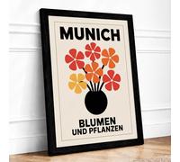 Munich Blumen Poster Retro Framed Wall Art Print A4 (29.7×21cm) Black, Wall Decor for Living Room, Bedroom, Office & Home, Ready to Hang, Art Gift