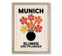 Munich Blumen Poster Retro Framed Wall Art Print A4 (29.7×21cm) Oak, Wall Decor for Living Room, Bedroom, Office & Home, Ready to Hang, Art Gift