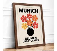 Munich Blumen Poster Retro Framed Wall Art Print A4 (29.7×21cm) Walnut, Wall Decor for Living Room, Bedroom, Office & Home, Ready to Hang, Art Gift