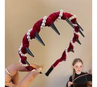 Munichsunny Vintage High Cranium Artificial Pearl Hairband, Yulyoie High Cranium Headbands for Women with Teeth, Stylish Bling Hair Hoop for Wedding,Party Or Daily Wear (Red)