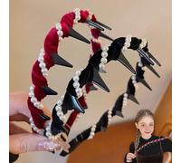 Munichsunny Vintage High Cranium Artificial Pearl Hairband, Yulyoie High Cranium Headbands for Women with Teeth, Stylish Bling Hair Hoop for Wedding,Party Or Daily Wear (Black+Red)