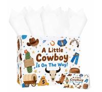 MUNILAIL 13 Inch A Little Cowboy is On The Way Gift Bag for Boys Large Gift Bag with Handle Tissue Paper and Greeting Card for Baby Shower Birthday Western Themed Party Large Paper Bags