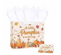 MUNILAIL 13 Inch Little Pumpkin Gift Bag with Handle Tissue Paper and Greeting Card Large A Little Pumpkin Is On The Way Gift Bag for Fall Baby Shower Gender Reveal Party Supplies