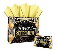 MUNILAIL 13 Inches Retirement Gift Bag Large Black and Gold Gift Bag with Handle Tissue Paper and Greeting Card for Women Men Retirement Going Away Farewell Party