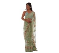 MUNIR Women's Heavy Butterfly Net Beautiful Ethnic Saree With Unstiched Blouse Piece For Festival And Function - M-Rose Gold, Green, 5.5 Mtr