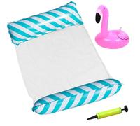 MUNSKT 1 Pack Light Blue Striped Inflatable Pool Hammock Set, Includes Air Pump & Flamingo Cup Holder, 4-in-1 Multi-Purpose Floating Lounger for Pool, Beach & Travel