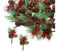 MUNSKT 10Pcs Artificial Pine Picks,Christmas Holly Sprigs with Red Berries Pine Cones,Christmas Fake Pines Needles Holly Berry Stems Decor Bouquets for Craft, Xmas Wreath Decorations