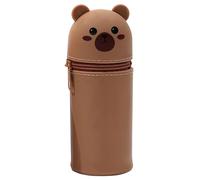 MUNSKT 2-in-1 Soft Silicone Pencil Case, Doubles as Pen Holder, Retractable, with Zipper Closure, Cute Animal Designs for School, Office, College, Unisex (2 in 1 Pencil Case, Brown Bear, 350ml)