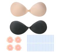 MUNSKT 2 Pack Push Up Invisible Bra for Women, Reusable Backless Strapless Sticky Adhesive Bra, Stick On Bra and Nipple Covers for Evening Dress Backless Clothes