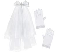 MUNSKT 2PCS Girls First Communion Veil with Rhinestone Cross White Satin Bow Two-Tier Design Veil Glove Set Hair Bride Hair Accessory Hairband Glove Set