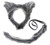 MUNSKT 2PCS Grey Wolf Costume Accessory Set Grey Ears Tail Wolf Costume for Adults Werewolf Costumes for Big Bad Fancy Dress Accessories Animal for Halloween Party Cosplay