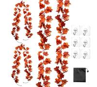 MUNSKT 3 Pack Artificial Autumn Fall Maple Leaves Vines Decorations with Hooks, 5.9Ft/Piece Hanging Foliage Garland Plant, Garden Doorway Fireplace Porch Decor for Thanksgiving Halloween Christmas