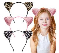 MUNSKT 3 Pcs Leopard Ears Headband with sequins, Gold, Silver LeopardPink Sequin Headband, for Dress Up Parties, Cosplay, Halloween, Carnival, Concerts, for Girls and Women