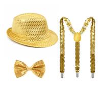 MUNSKT 3 Pieces Disco Costume Jazz Dance Disco Costume Set Gold Jazz Sequins Hat Shiny Suspenders Braces Bow Tie 70s Sequins Accessories for 70s Disco Hip-Hop Theme Party Halloween Fancy Dress (Gold)