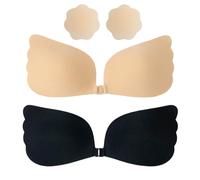 MUNSKT 4PCS Sticky Bra Push Up for Wedding,Invisible Wing BH for Women,Sticky Bra for Office Clothing,Non-Slip Silicone Flower Leave Black,Beige