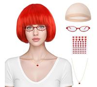 MUNSKT 5 Pcs Red Short Bob Wig Set, with Glasses, Hairnet, Red Heart Necklace, Heart Stickers, for Cosplay, Neon Parties, Daily Wear, Carnival, for Girl Women