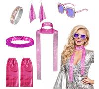 MUNSKT 70s 80s Disco Golden Accessories Set,Frame Bling Sunglasses Earrings Headband Bracelet Leg Warmers,6PCS Abba Accessories Set,Retro Disco Fancy Dress Kit for Women for Theme Parties (Pink)
