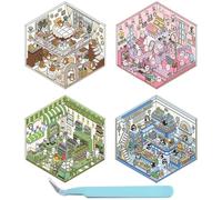 MUNSKT DIY 3D House Stickers, 4 PCS 3D Sticker Scene,Sticker Therapy,Fun DIY Stickers Scene(Penguin Ice Cream Hut,Coffee Cat Loft,Bunny Loft,Pink Hut)