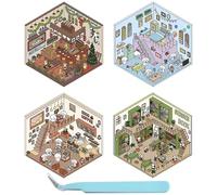 MUNSKT DIY 3D House Stickers, 4 PCS 3D Sticker Scene,Sticker Therapy,Fun DIY Stickers Scene(Sushi Store,Coco Coffee,Sensen Book,Loft Apartment)