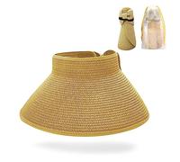 MUNSKT Foldable Straw Hat with Daisy Storage Bag, Wide Brim Sun Visor Ponytail Beach Cap, Portable Topless Roll Up Sunhats for Women Girls Summer Travel Vacation Beige