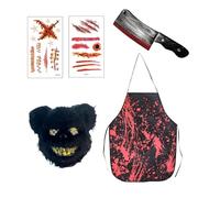 MUNSKT Horror Bear Butcher Costume Set - Halloween Outfits for Men & Women, Includes Fake Cleaver, Bloody Apron, Scar Tattoos & Black Bear Mask - Perfect for Halloween, Day of the Dead, Easter Parties