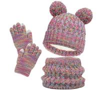 MUNSKT Kids Winter Hat Scarf and Gloves Set, 3pcs Knitted Warmth Crochet Thick Fluffy Scarf Pom Bobble Hat Two Fingers Touch Screen Gloves Set for Boys and Girls 2-8 (Multicolour)