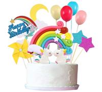 MUNSKT Pack of 32 Unicorn Cake Decorations, Children's Birthday Cake Topper, Rainbow Stars Ball Cloud Balloon for Girls Boys, Macaron Decors Party Supplies