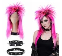 MUNSKT Punk Wig Set with Choker Bracelet,Long Mullet Adult Dress Up Wigs,Long Straight 70s 80s Mullet Rocker Wig,Diva Rocker Fancy Dress Wig for Carnival Party Festival Halloween (PinkBlack)