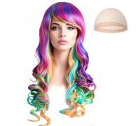 MUNSKT Rainbow Wig for Women, 29.5Inches/75CM Curly Long Colourful Unicorn Wig with Net, Fancy Dress Cosplay