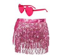 MUNSKT Sequin Glitter Skirt with Heart Glasses, Tassel Mini Skirt for Women Girls, Belly Dance, Latin Dance, Hula Costume in Rose, Silver, Gold, Summer Beach Party Carnival Birthday