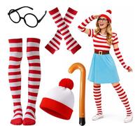 MUNSKT Wheres Wally Costume Set,Red&White Stripe Bobble Hat Socks Gloves Black Nerd Glasses,Cosplay Accessories Set,90s Fancy Dress Costume for World Book Day Halloween Christmas Dress Up Day (cane)