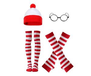 MUNSKT Wheres Wally Costume Set,Red&White Stripe Bobble Hat Socks Gloves Black Nerd Glasses,Cosplay Accessories Set,90s Fancy Dress Costume for World Book Day Halloween Christmas Dress Up Day