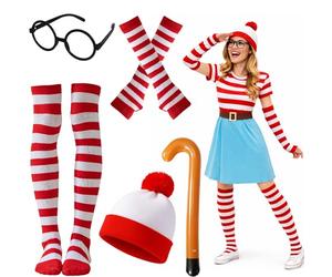 MUNSKT Wheres Wally Costume Set,Red&White Stripe Bobble Hat Socks Gloves Black Nerd Glasses,Cosplay Accessories Set,90s Fancy Dress Costume for World Book Day Halloween Christmas Dress Up Day (cane)