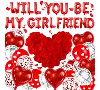 MUNSKT Will You Be My Girlfriend Balloons,Red Pink Love Heart Foil Latex Balloon with Artificial Rose Petals,Valentine Day Love Set,Confession Proposal Supplies for Valentine Day,Anniversary (A)