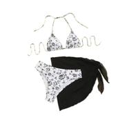 MUNSKT Women's Bikini Sets Floral Pattern, Bikini Top, Triangle Bottom and Cover-Up, 3 Piece Bikini Set for Beach, Pool and Holidays (UK, Alpha, S, Regular, Regular, Black)