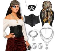 MUNSKT Women's Pirate Costume Accessories Set - Black Patterned Headscarf, Black Sash Belt, Jewelry (Necklace/Earring/Bracelet), Eye Patch,for Halloween, Mardi Gras, Stage Performance (Black, Silver)