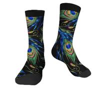 Muntayson Embroidery Peacock Feathers Athletic Cushioned Crew Socks Cushioned Crew Socks with Arch Compression Secure Fit Women Men