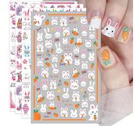 Muorruo 4 Sheets Easter Nail Stickers - Pink Rabbits and Flowers, Self-Adhesive 3D Bunny Nail Stickers for Springtime Flower and Carrot Manicure, Nail Decoration Accessories for Women