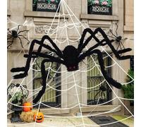 Muorruo 5 m Giant Spider Web, 150 cm Hairy Spider and Stretchy Cobwebs, Halloween Decorations, Creepy Artificial Spider with Triangular, Large Spider Web, Large Props