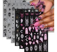 Muorruo 6 Piece Halloween Nail Stickers, 3D, Self-Adhesive, Pink and White, Ghost Nail Stickers, Fun Spider Web Nail Art Stickers with Rhinestones, Nail Design Accessories, Charms
