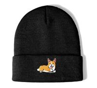 Muorruo Knitted Hat with Turn-Up Brim and Corgi Embroidery, Warm Winter Hat with Cuff, Cosy Ski Hat for Men and Women, Winter House Hat for Corgi Lovers